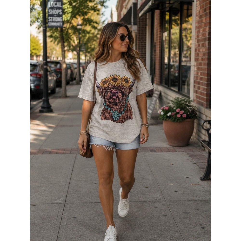 Highland Cow Delta Pro Weight Graphic T-Shirt Women's Medium Tan Sunflower Boho - Picture 1 of 8